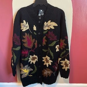 Vintage Woolies HANDKNIT Cottagecore Black Leaves Button Cardigan Size Medium